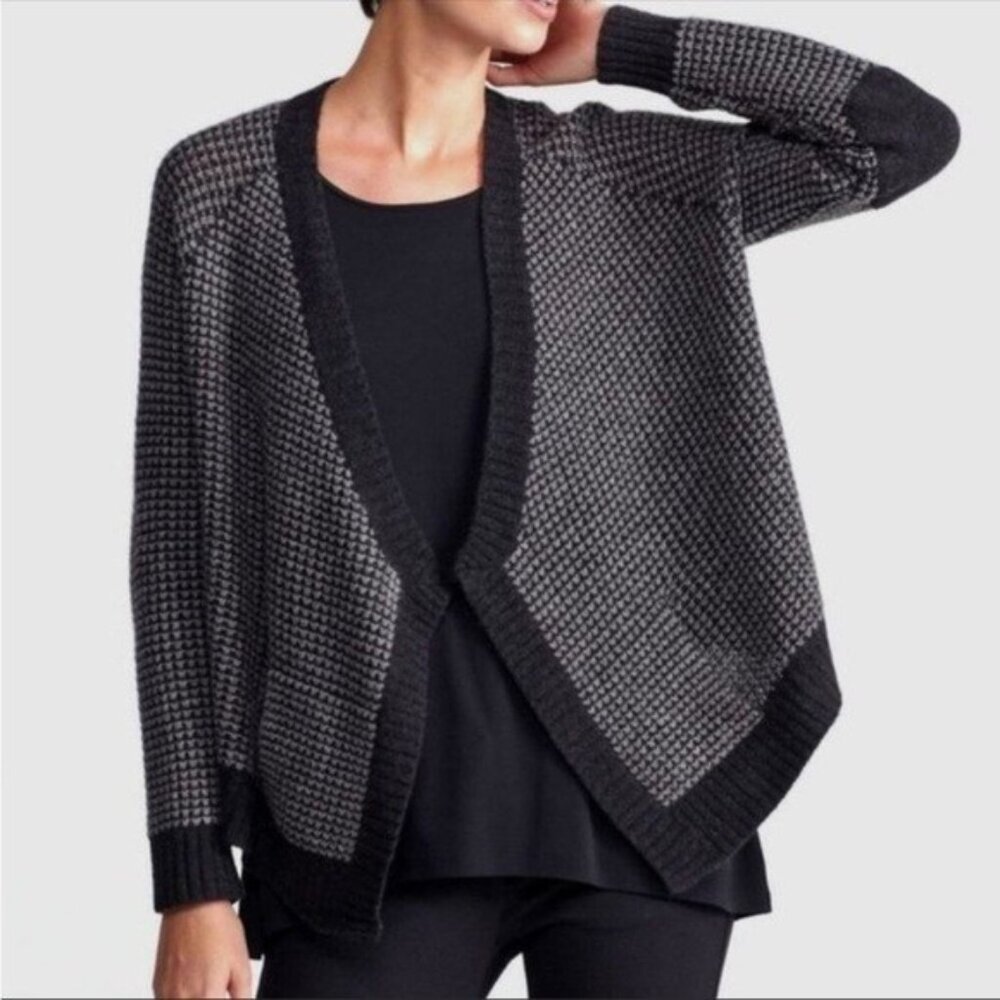 Eileen Fisher Cardigan Asymmetric Sweater Waffle Knit Black Gray  Medium